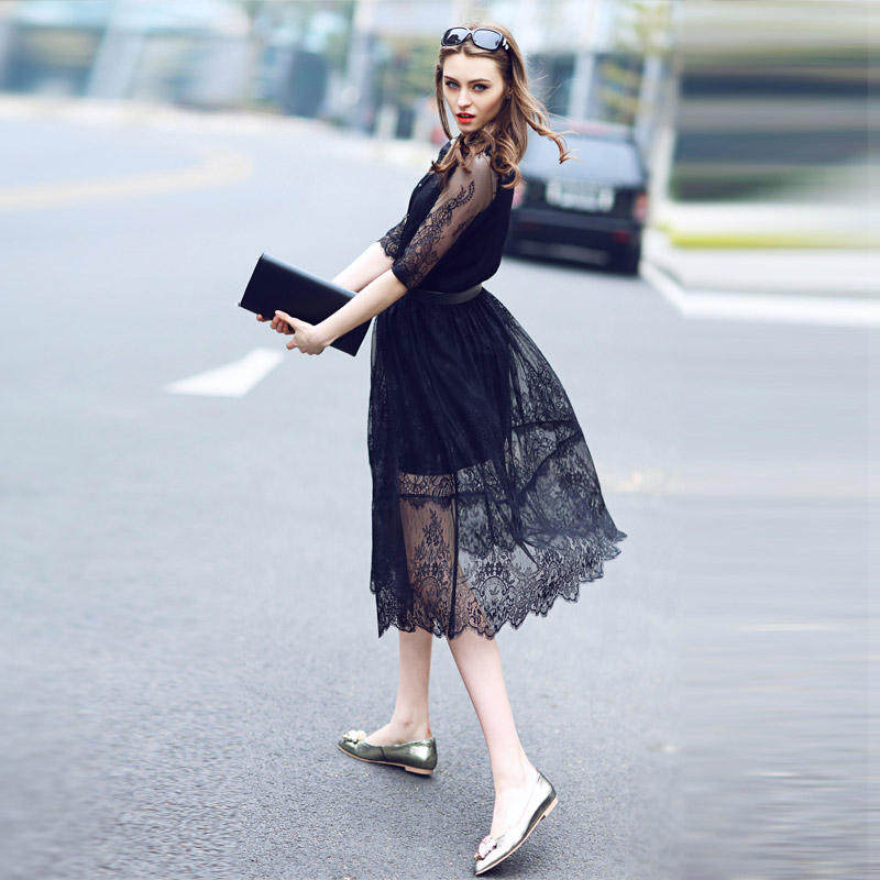 2015欧洲站夏装 欧美大牌蕾丝连衣裙 长裙长款镂空显瘦大摆沙滩裙