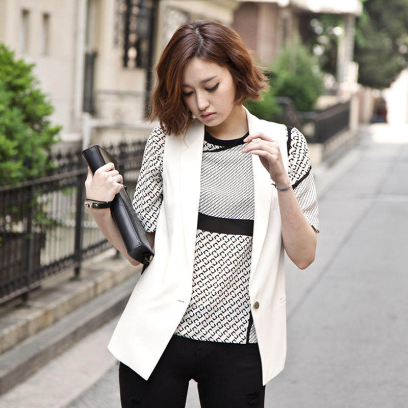 2015春季通勤女装韩版女式工字型短款马夹西装领修身黑色小马甲