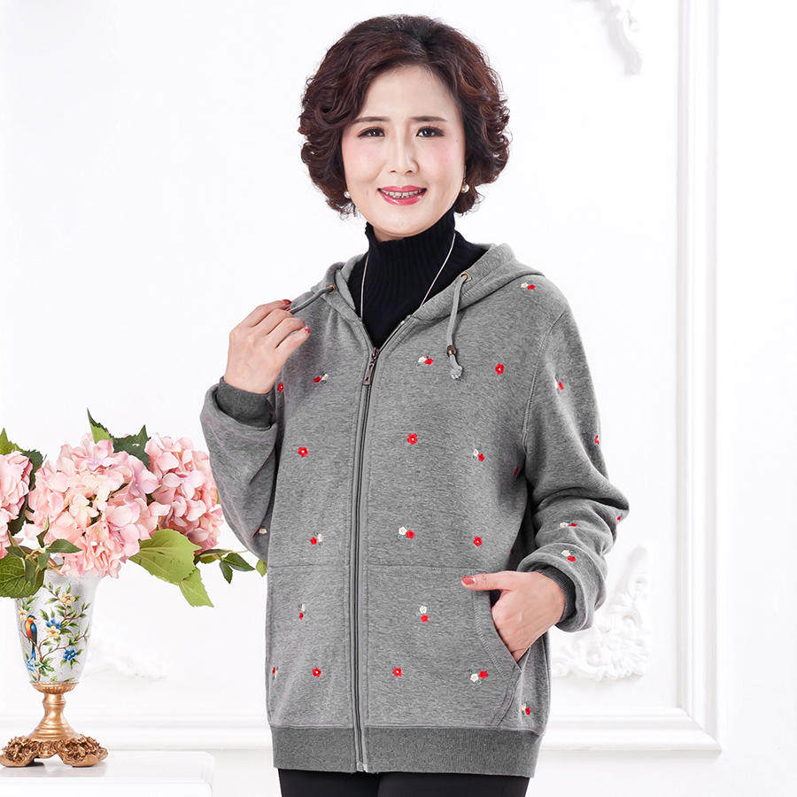 妈妈装春装卫衣外套中老年人女装春秋季连帽绒衫加厚大码休闲上衣