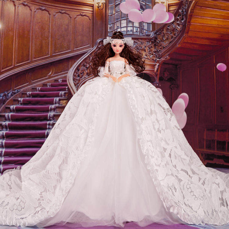 芭比娃娃婚纱裙蕾丝拖尾儿童生日礼物品新娘婚庆摆件包邮公主