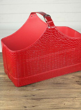 高档皮革礼品篮春节新年礼篮子红色皮篮手提篮包装袋仿皮礼篮水果