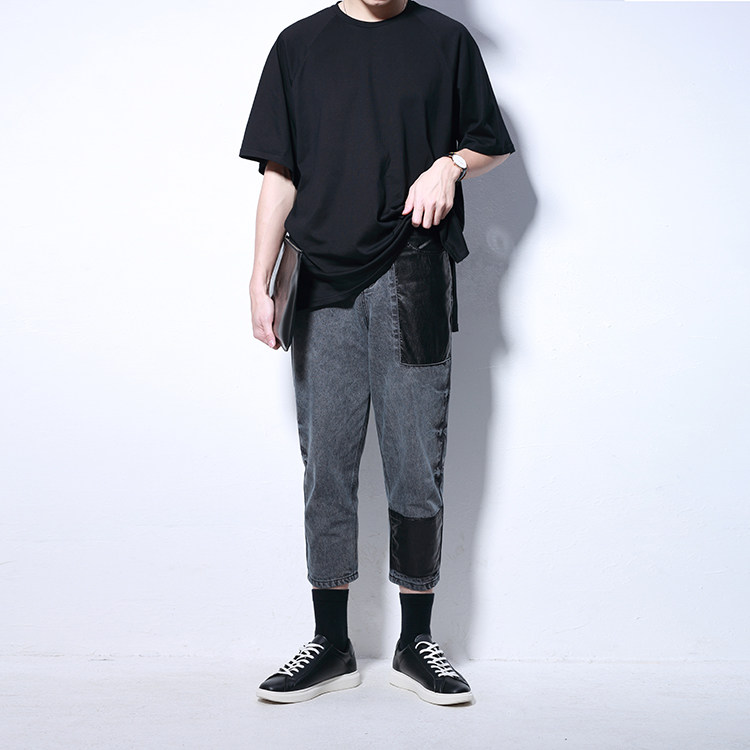 春夏新款日系雪花水洗小脚哈伦裤潮男士拼皮个性萝卜牛仔裤七分裤