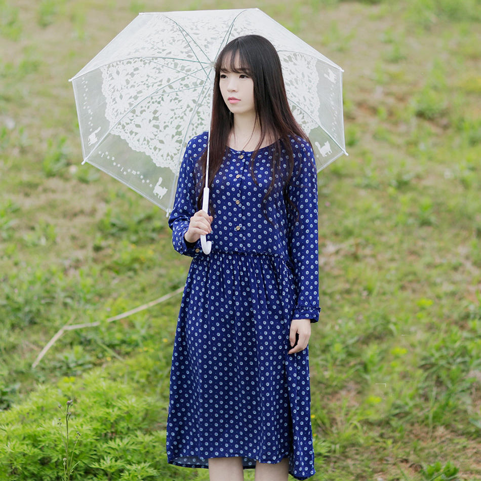 森林系春夏款女装文艺复古宽松腰大码碎花连衣裙长袖森女中长款裙