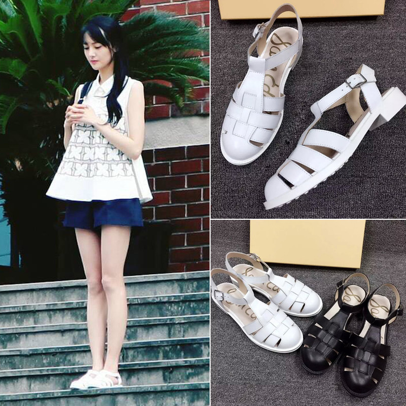 微微一笑很倾城郑爽明星同款包头罗马凉鞋女夏平底真皮学生小白鞋