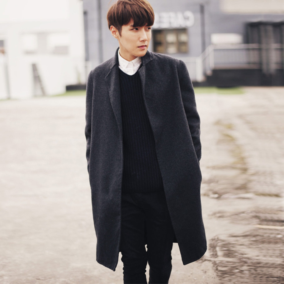 风衣男韩版中长款纯色休闲青年英伦秋冬男毛呢料宽松外套时尚大衣