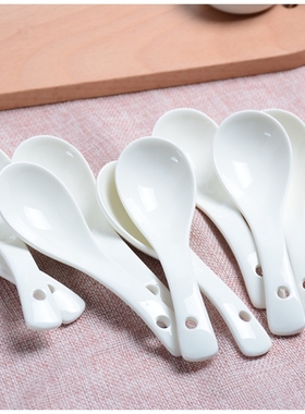 50支纯白骨瓷陶瓷韩式平底勺饭勺中式家用汤羹调羹汤匙酒店勺
