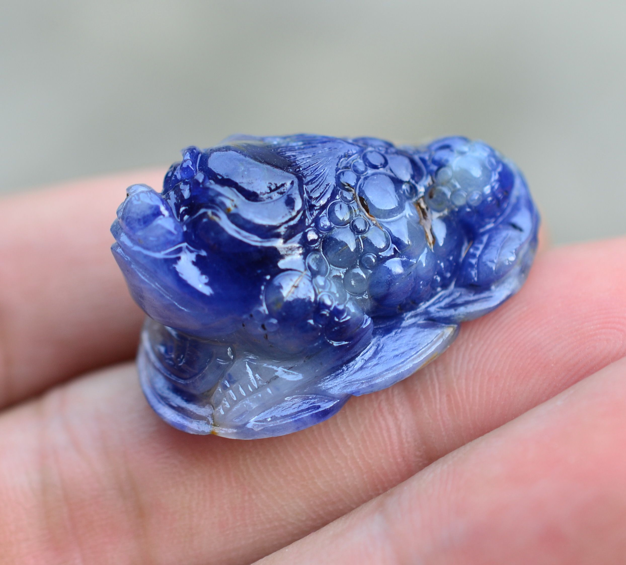 天然无烧蓝宝石雕刻 招财金蟾项坠 85.