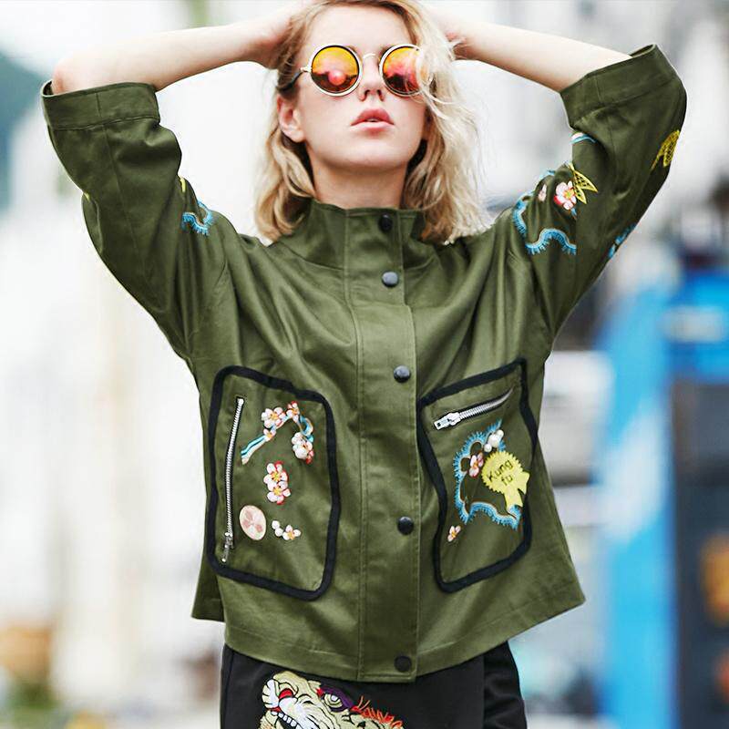 玛玛绨2016春秋季新款军绿时尚刺绣明星同款外套宽松飞行员夹克