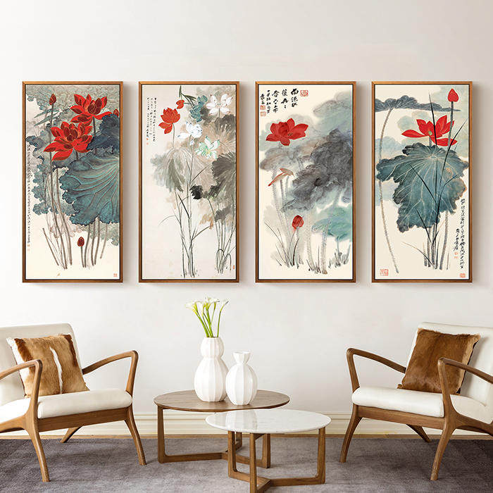 张大千荷花中式客厅餐厅玄关装饰画现代书房走廊挂画国画壁画无框