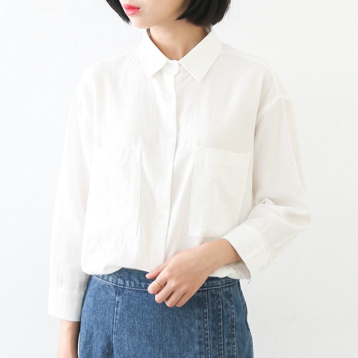 金大班712/木兮/2016夏季新款文艺小清新翻领口袋白衬衫