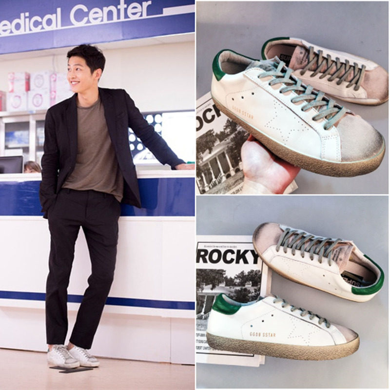 韩国太阳的后裔宋仲基同款星星小白鞋女系带做旧真皮平底圆头板鞋