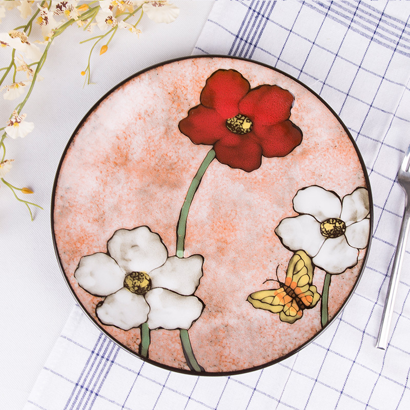 【玉泉】圆碟 韩式手绘牛排点心圆盘 陶瓷盘子