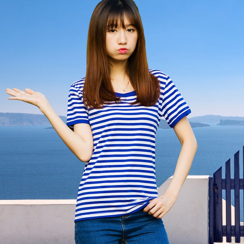 夏季条纹情侣装夏装海魂衫纯棉半袖蓝白海军风