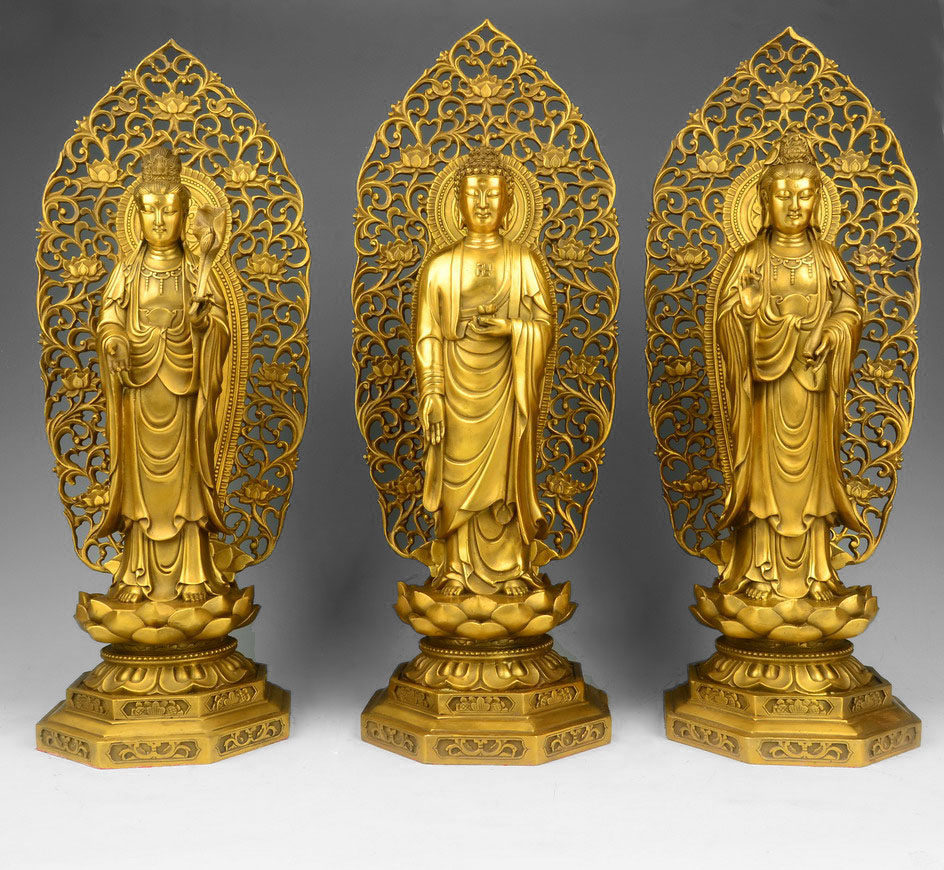 开光纯铜西方三圣佛像摆件西方三圣铜像站莲台带背光大号佛教用品