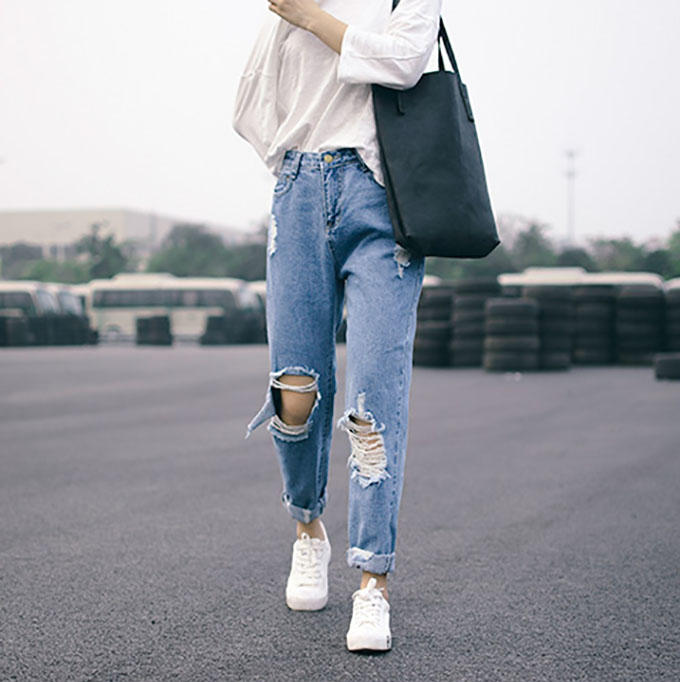 膝盖破洞哈伦小脚乞丐长裤夏秋 bf风宽松高腰九分破洞牛仔裤女