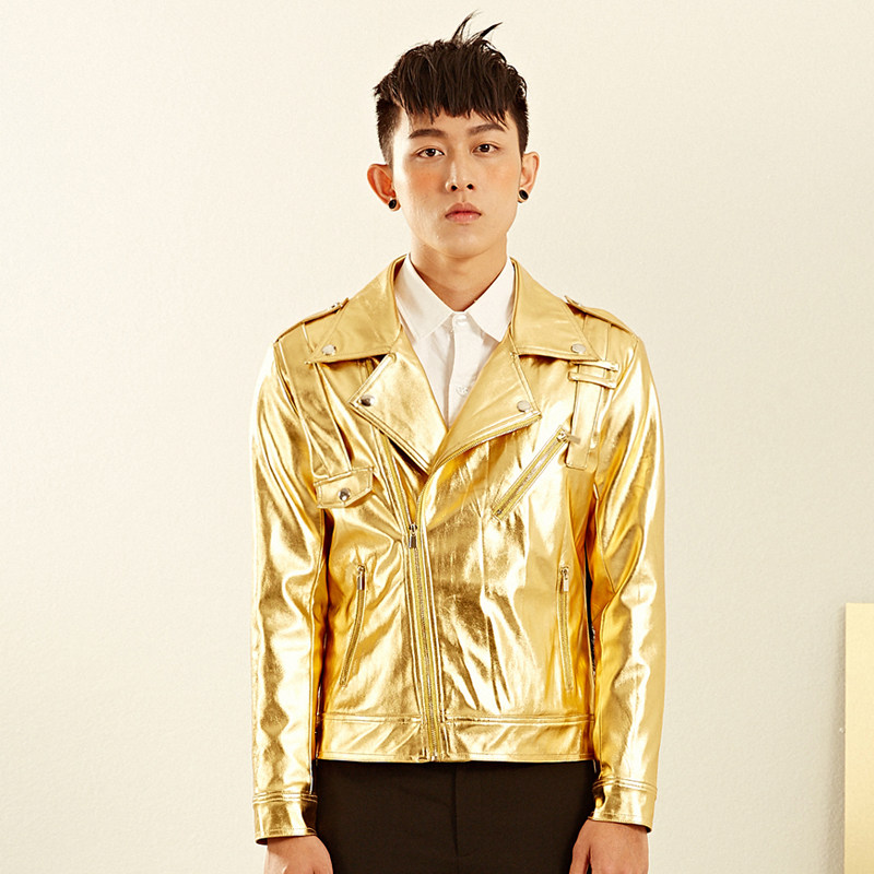 leonsense力上原创男装土豪金色pu漆皮修身夹克