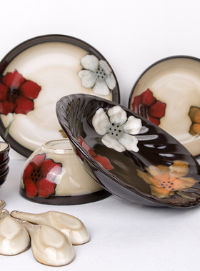 极有家创意个性 66头日式和风料理瓷器餐具套装 高温芝麻色釉陶瓷