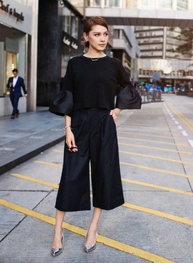 看～哭泣的泪珠   发布了  春秋新款欧洲黑色高腰女裤子女宽松裙裤