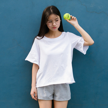 纯棉白色宽松白t短袖阔袖上衣半袖体恤纯色百搭中袖圆领t恤女夏装