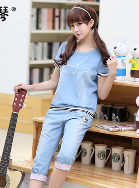 星琴少女夏装新款初高中学生牛仔短袖套装连帽运动休闲宽松两件套