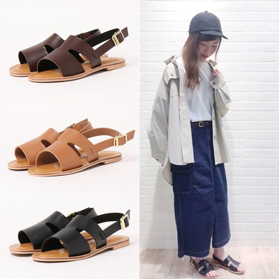 taobao agent Soft!Break up!Japanese retro simple temperament h in the word belt with a flat -bottomed Roman sandals
