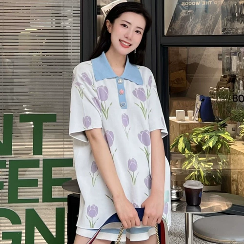 [M9] Дизайнерский бренд Ranyi London Tulip Цветок цветок вязаные шорты поло
