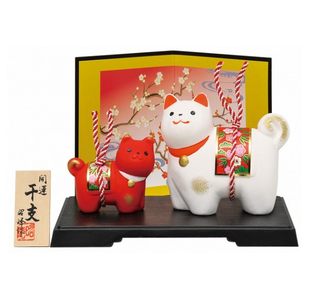 戌年 限定品 日本正規品 薬師窯 中サイズ 縁起物 紅白親子勧誘福寿 戌年置物