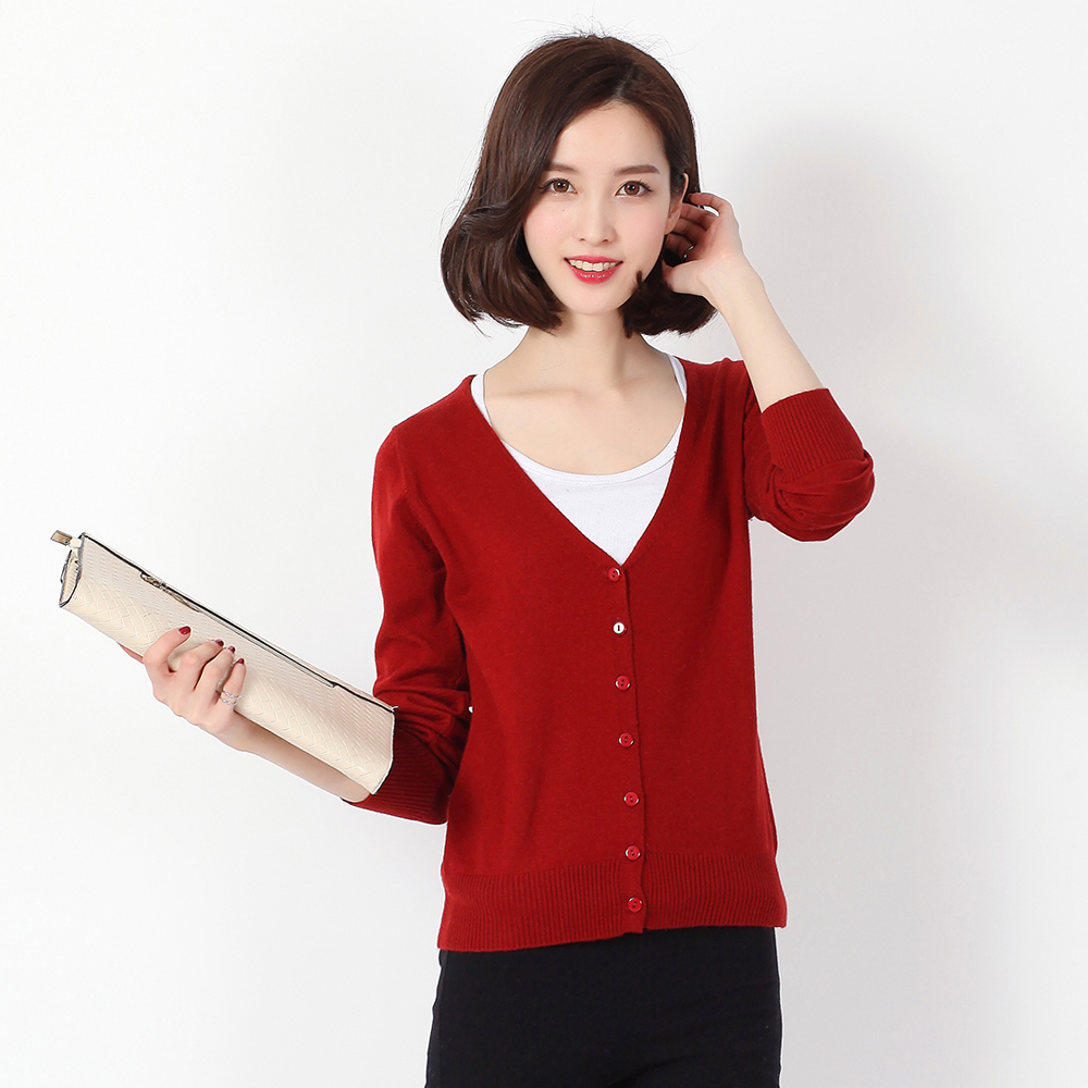 【天天特价】春秋新款女式修身打底羊绒衫平面圆领 v领针织开衫