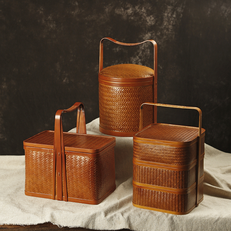 竹制食盒中式仿古竹编茶具收纳盒提篮古代实木旅行便携茶箱提盒