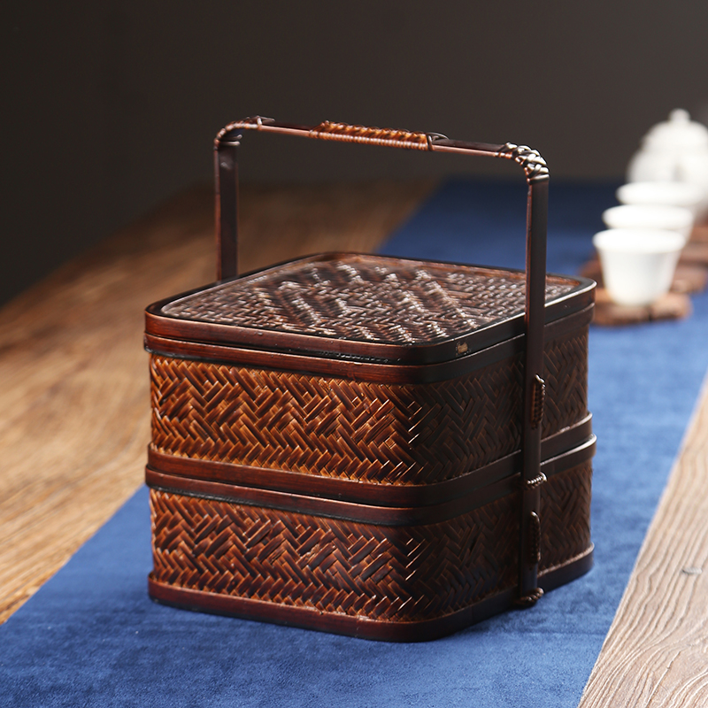 竹制食盒中式仿古竹编茶具收纳盒提篮古代实木旅行便携茶箱提盒