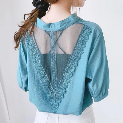 taobao agent Shiffon sexy summer lace top, with short sleeve