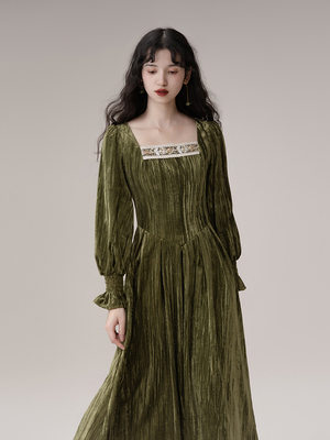 taobao agent Retro sophisticated velvet long elegant dress, french style, mid-length, square neckline
