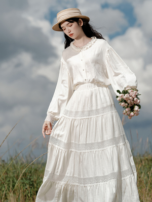 taobao agent The pillow dream village, the heart -hearted retro French romantic white loose lace collar shirt+large bloom skirt