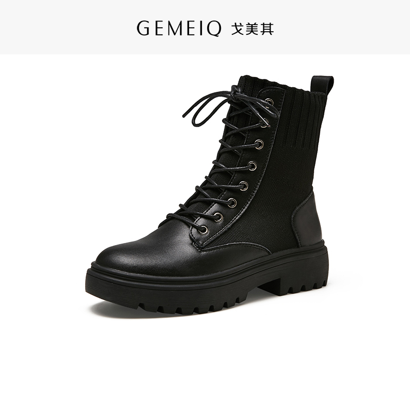 gomeqi leather short tube lace-up martin boots female british style 2019 winter new mid-heel platform motorcycle boots