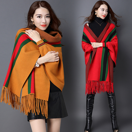 披肩围巾两用女冬季羊绒秋冬带袖长款斗篷可穿的加厚保暖披风外套
