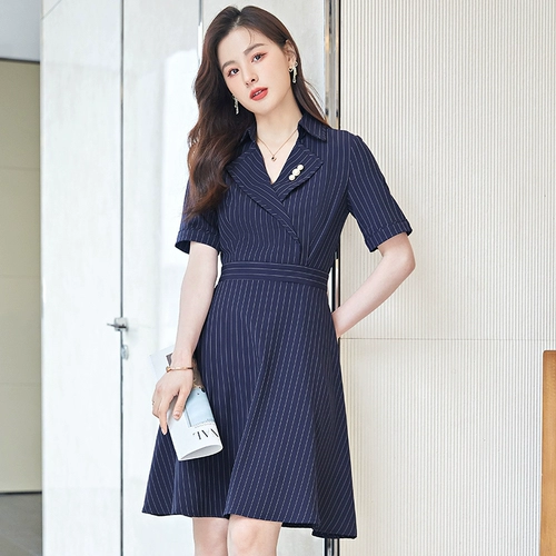 Летнее платье, модная юбка для работы, изысканный стиль, короткий рукав, яркий броский стиль, V-образный вырез