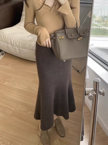 Шерстяная демисезонная длинная длинная юбка, французский стиль, крой «рыбий хвост», высокая талия, А-силуэт, увеличенная толщина, с акцентом на бедрах