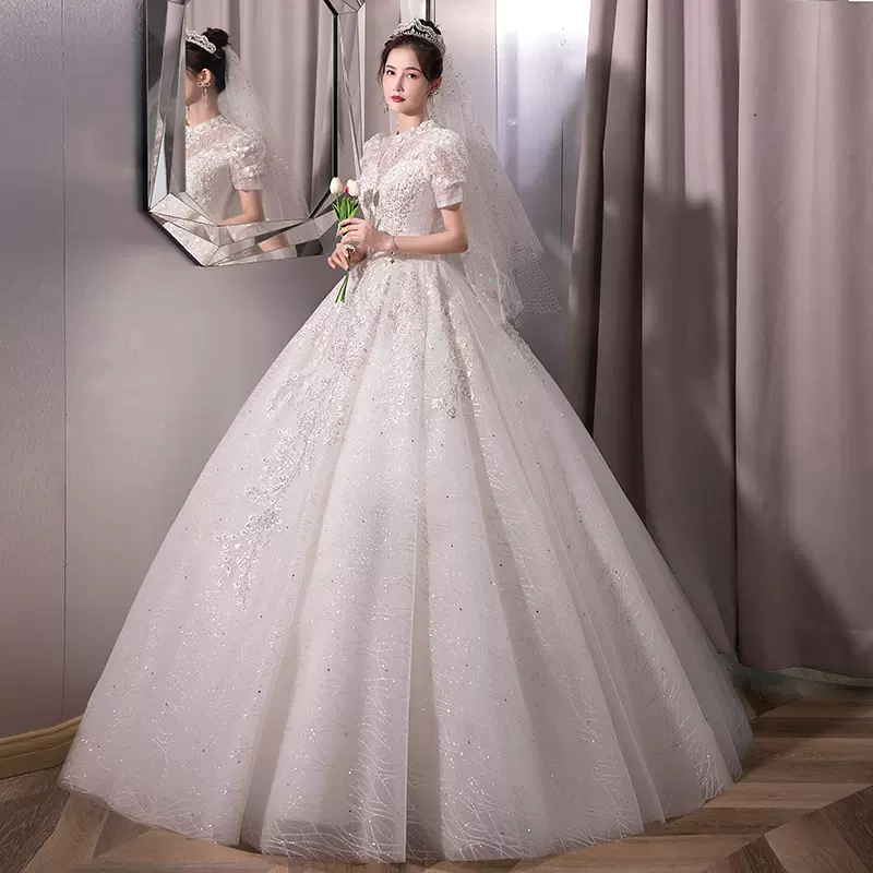 輕婚紗2022新款新娘2023一字肩遮手臂公主星空齊地氣質顯瘦主婚紗-Taobao