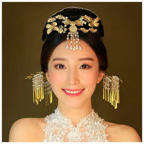 萱萱新娘金色复古宫廷头饰婚礼饰品复古蝴蝶流苏额饰婚纱配饰 品