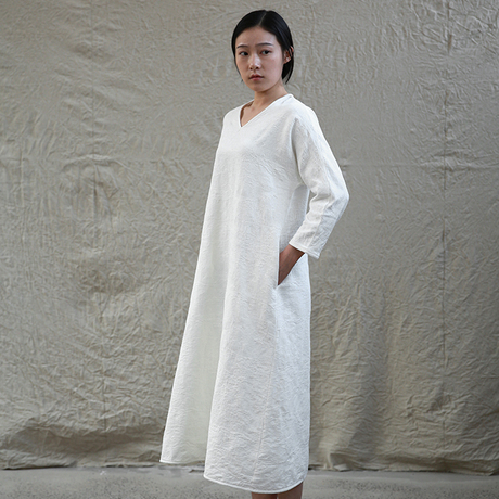 如洗 原创设计 棉麻提花v领素袍〔三色