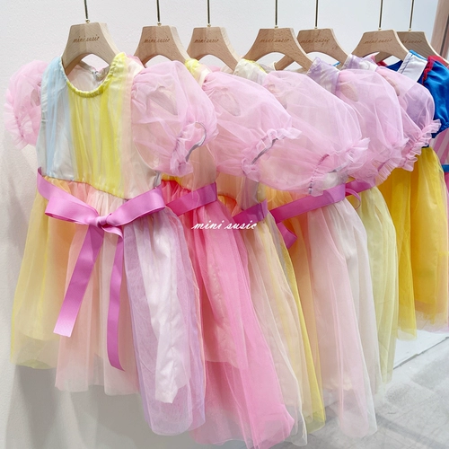 100-140 Корейская девочка пузырьковая рукава сетчатая платья платье