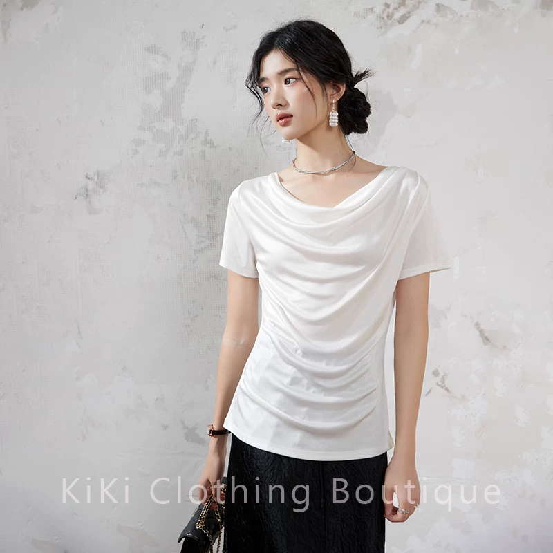 Домашняя silky наслаждение Kiki? и звучит awkward. But translate: "Kiki homemade silky enjoyment_Spring and summer white short-sleeved T-shirt acetic collar one-length elegant top for women"