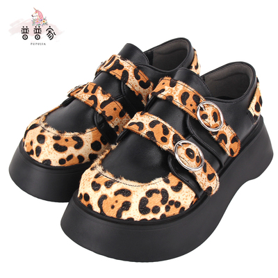 taobao agent Pupu's 2022 new autumn and winter splicing leopard pattern big round head double band buckle thick bottom loose cake shoes 593