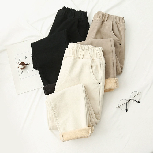 Зимние флисовые джинсы, штаны, 2019, городской стиль, в корейском стиле, увеличенная толщина, свободный прямой крой