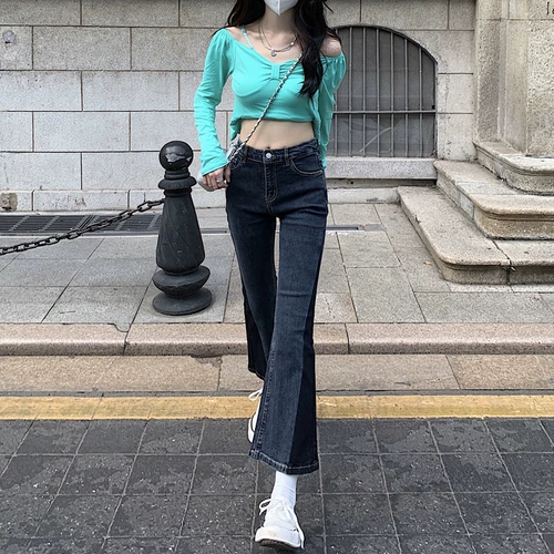 Штаны-клёш, осенние приталенные штаны, сексуальные ретро джинсы, в корейском стиле, высокая талия