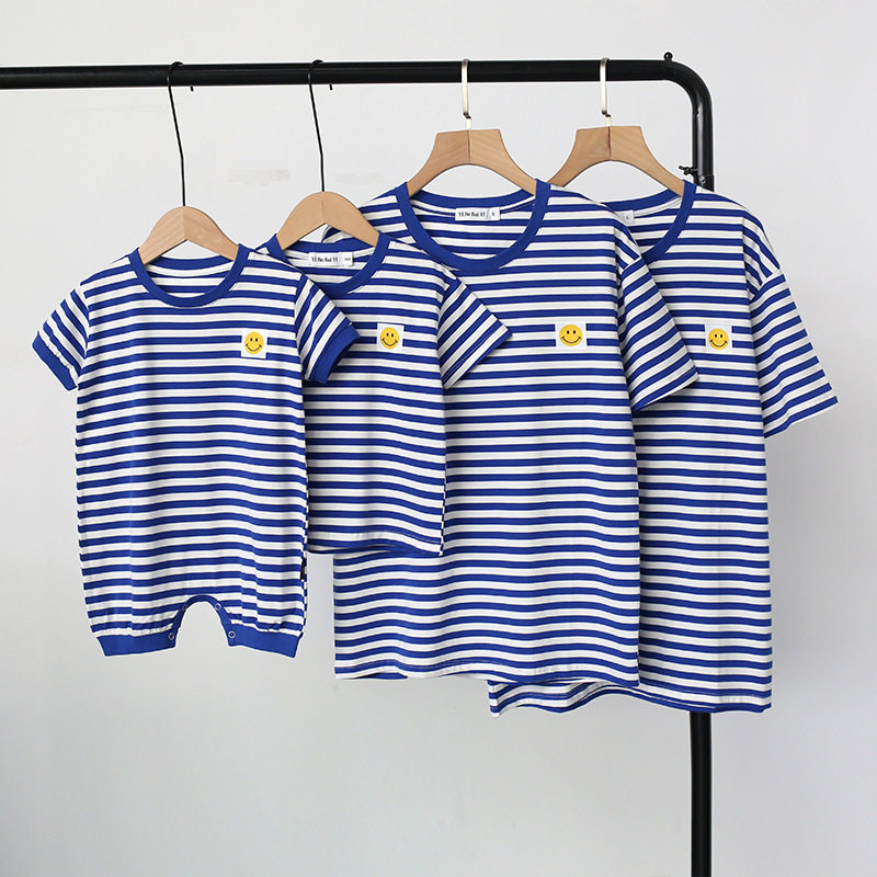 Spot 2021 parent-child outfit summer Korean boys and girls striped navy style smiling face baby four corner crawling suit