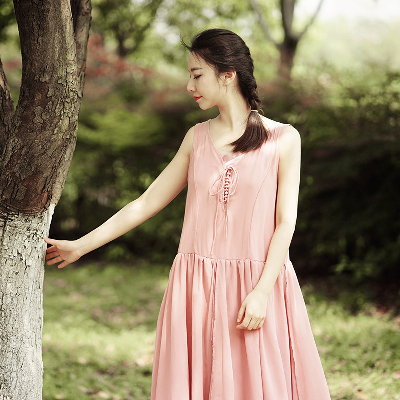 森系飘逸大摆无袖连衣裙v领系带长裙文艺复古仙气度假背心裙夏