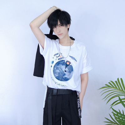 taobao agent Cute selling cute original T -shirt cat planet loose casual zipper ribbon BF handsome pure cotton middle sleeve t -shirt men and women