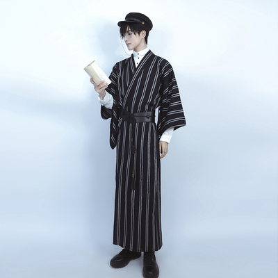 taobao agent Kangbaoer House original wide black white stripes Japanese harmony kimono long yukata niche and wind men and women