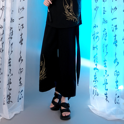 taobao agent Pants, black Hanfu, casual trousers, with embroidery, Chinese style, high waist, plus size, fitted